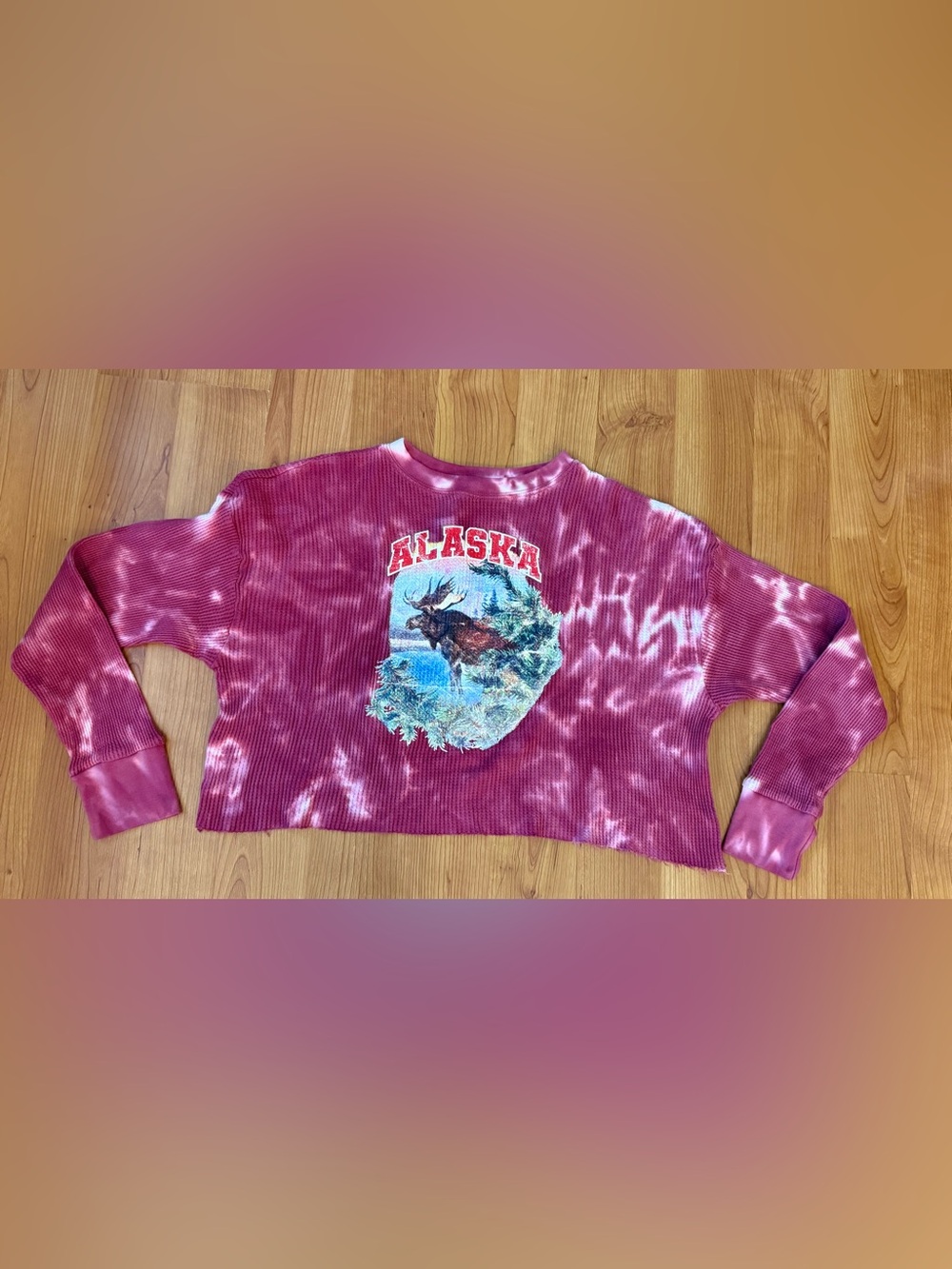 Forever 21 Alaska Moose Tie-Dye Cropped Thermal Waffle Knit Top Sz S